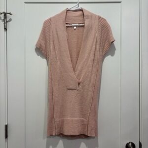 Kaisely Pink Angora Wool Blend Short Sleeve V-Neck Tunic Sweater Small